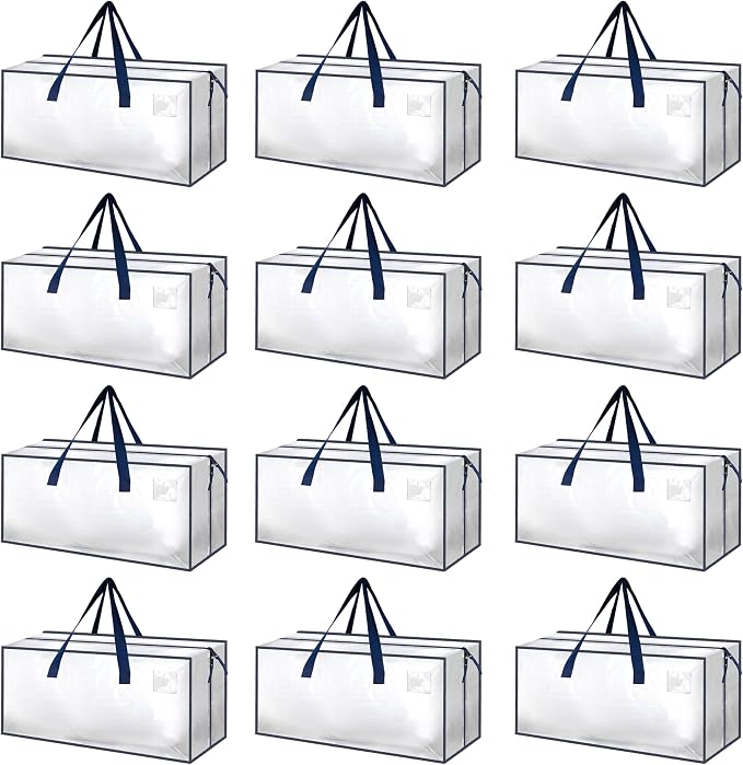 HealSmart 12 Pack Extra Large Moving Bags with Zippers & Carrying Handles, Heavy-Duty Storage Tote Moving Boxes for Dorm Room Essentials Storage Bags, Clear by HealSmart