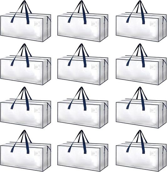 HealSmart 12 Pack Extra Large Moving Bags with Zippers & Carrying Handles, Heavy-Duty Storage Tote Moving Boxes for Dorm Room Essentials Storage Bags, Clear by HealSmart