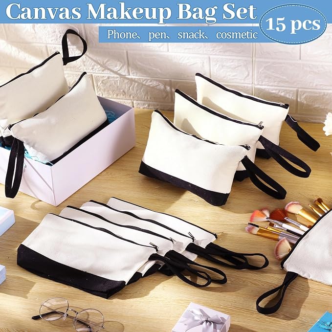 Silkfly 15 Pcs Cotton Canvas Makeup Bags Cosmetic Zipper Bags 10.2 x 5.5 x 2'' Blank DIY Pouch Bulk Pencil Case with Bottom Travel Toiletry Pouch for Women Craft Decor Gift (Classic Color) - Image 5