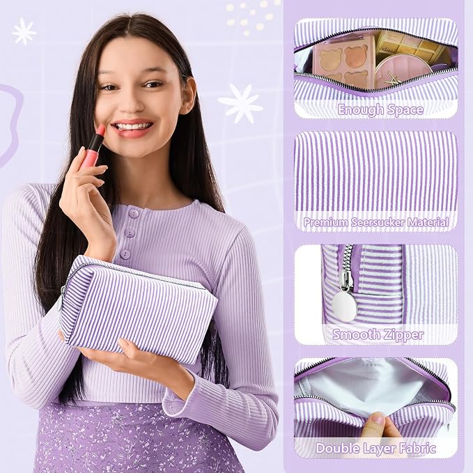Giesiery 8 Pcs Seersucker Makeup Bags Striped Cosmetic Bags Bulk Organizer for Women Preppy Travel Toiletry Pouch for Wedding Bridesmaid Gifts (Purple, Medium) - Image 3