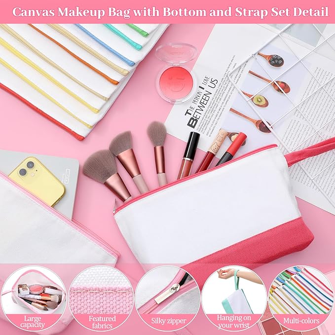 Silkfly 15 Pcs Cotton Canvas Makeup Bags Cosmetic Zipper Bags 10.2 x 5.5 x 2'' Blank DIY Pouch Bulk Pencil Case with Bottom Travel Toiletry Pouch for Women Craft Decor Gift (Fashion Color) - Image 3