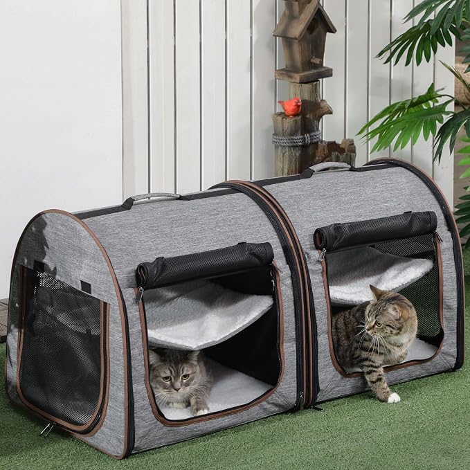 PawHut 39" Portable Soft-Sided Cat Carrier, Cat Kennel, Travel Dog Crate with Divider, Two Compartments, Soft Cushions & Storage Bag, Easy to Fold, Light Gray | Cat Kennel, Travel Dog Crate with Divider, Soft Cushions & Storage Bag, Easy to Fold - Image 2