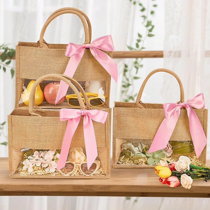 8 Pack Burlap Tote Bags with Clear PVC Window and Pink Ribbon DIY Bachelorette Bags Bridesmaids Gift Bag Reusable Grocery Bag with Handle for Wedding Engagement Beach Shower Party - Image 6