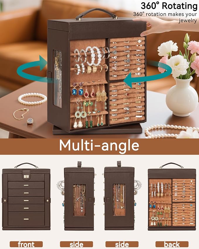 AKOZLIN 6-Tier Jewelry Box Organizer Functional 5 Drawers Leather Jewelry Storage Case for Women Girls Ring Necklace Earring Bracelet Holder Organizer with Mirror XL Brown 360° Rotating - Image 7