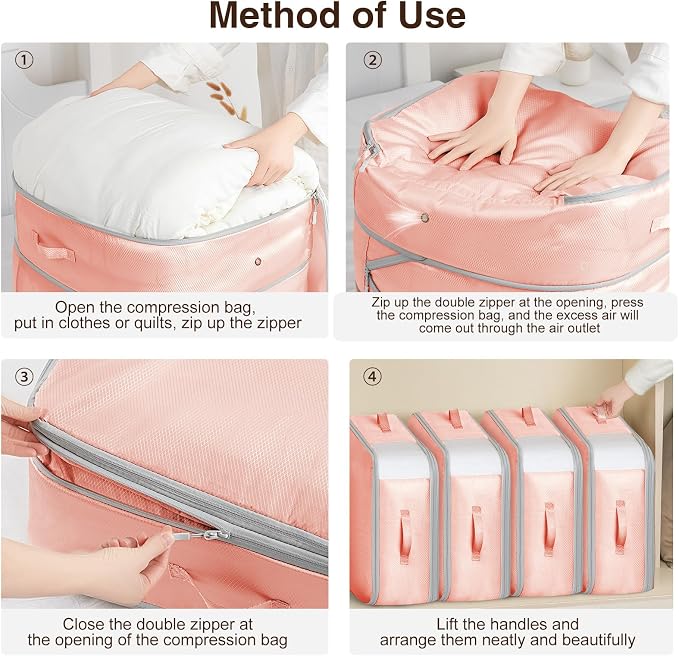 Homsorout 4 Pack Compression Storage Bags - 110L Large Capacity Comforter Storage Bag, 3-Layer Washable Ultra Space Saving Self Compression Organizer Space Bags for Blankets, Sweaters, Sheets, Pink - Image 4