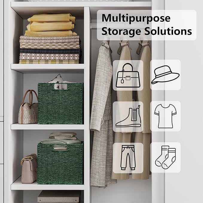 Vagusicc Wicker Storage Basket, Set of 2 Hand-Woven Paper Rope Wicker Basket, Foldable Cube Storage Bins, Square Large Storage Baskets for Organizing Shelves & Decor, Orange (13″×13″×13″) - Image 7