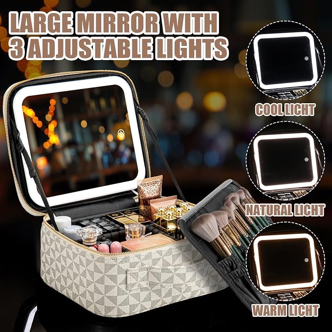 Extrei Gent Makeup Travel Train Case with Mirror LED Light 3 Adjustable Brightness Large Cosmetic Bag Portable Storage Adjustable Partition Waterproof Makeup Brushes Make up Jewelry Gift for Women - Image 5