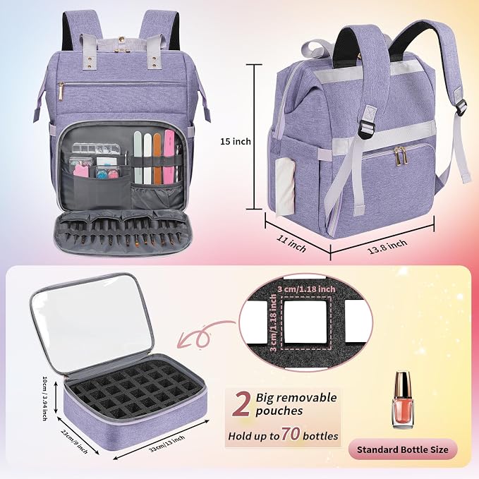 Nail Polish Organizer Case Backpack Holds 70 Bottles (15ml/0.5fl.oz) & Nail Lamp, 2 Layers Detachable Nail Kit Storage Case, Large Travel Nail Supplies Shoulder Bag for Manicure Tools (Purple) - Image 5