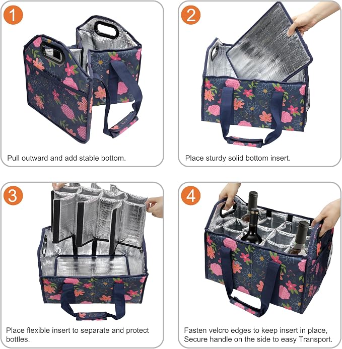 12 Bottle Wine Carrier Collapsible Bottle Caddy with Handles Storage Box for Travel Picnics Weddings Shopping Wine Tasting (Blue Floral) - Image 8