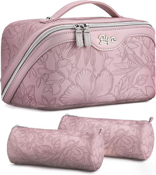 BOYATU Travel Makeup Bags Cosmetic Organizer Bag: 3-Set Large Capacity Make up Bag - PU Leather Toiletry Bags for Women - Wide Open Portable Pouch with Divider & Handle (01-Z-Light Purple) by BOYATU