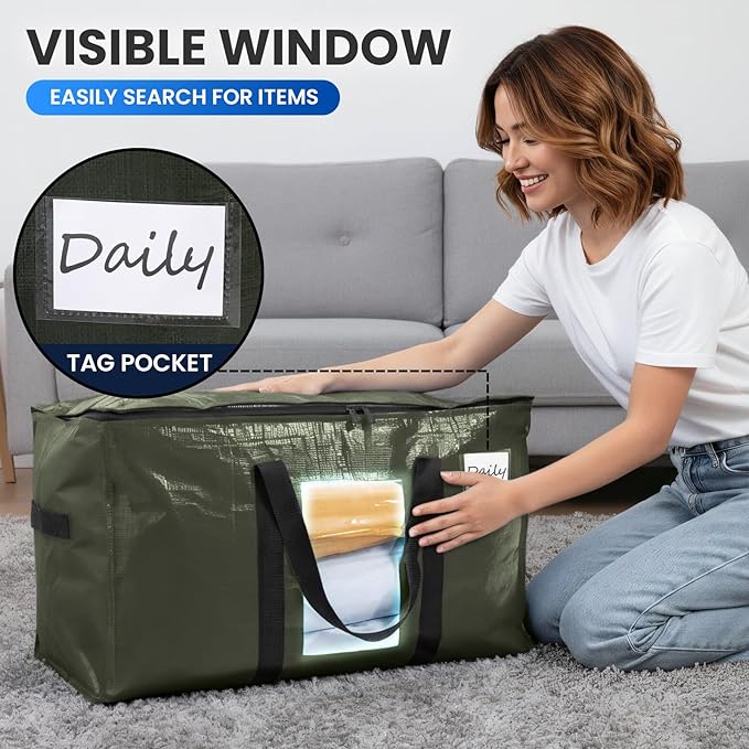 TAILI 12 Pack Green Extra Large Storage Bags, Heavy Duty Totes with Visible Window, Wrap Around Handles, Perfect for Moving and Storage - Image 5