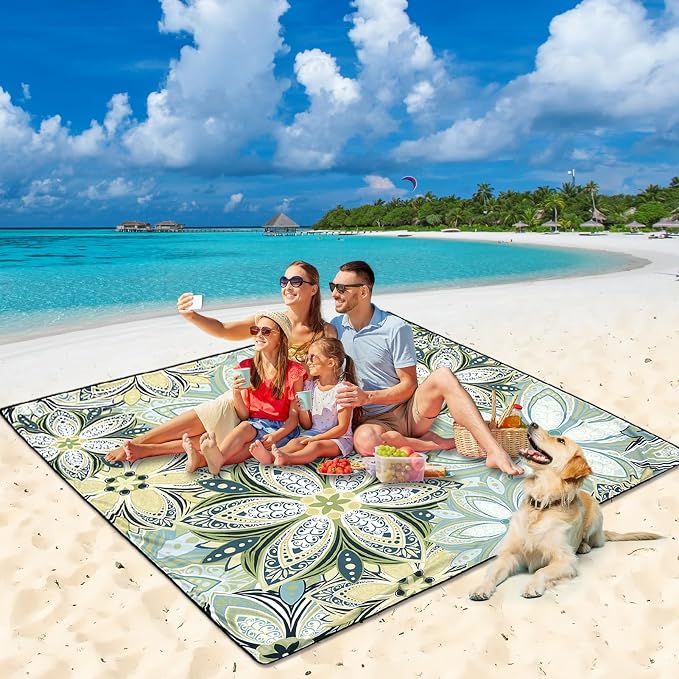 HIHOHO Beach Blanket Waterproof Sandproof Beach Mat for 1-8 Adults Quick Drying Durable Outdoor Picnic Mat for Beach Festival Travel Camping Hiking (Flourishing Blossom-Y&GN, 79"×83"(4 Person)) - Image 2