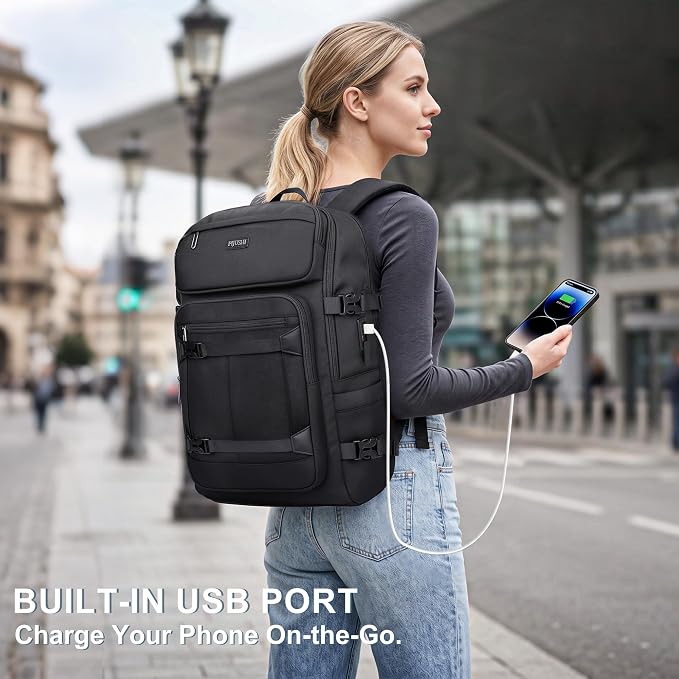 PIJUSHI Casual Travel Backpack for Women with 16" Padded Laptop Compartment | Carry On Luggage with USB Charging Port, 1680D Water-Resistant Nylon, Airline Approved, For Daily, Hiking - Image 3