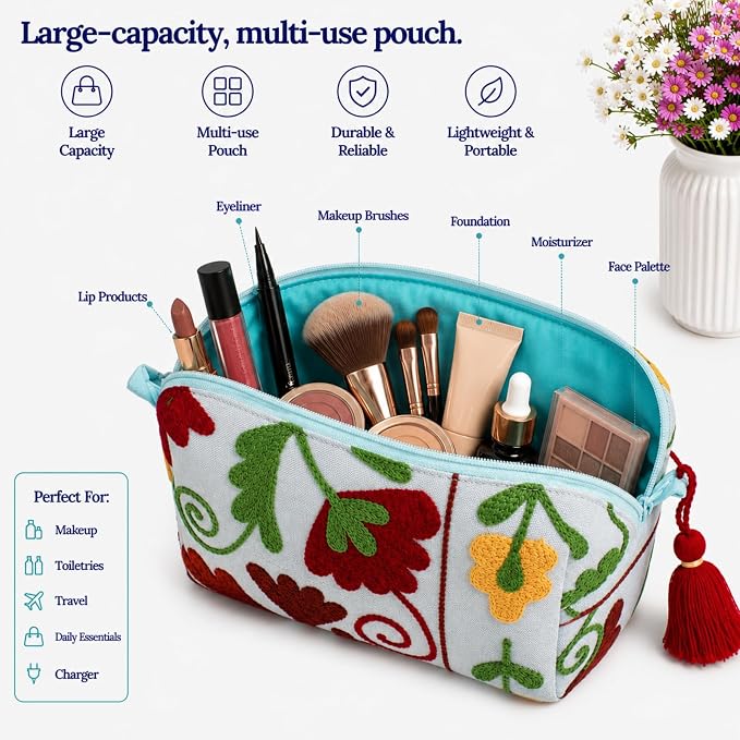Huar Travel Makeup Bag- Large Capacity Cosmetic Bags for Women - Water Resistance Lining Portable Pouch & Open Toiletry Bag - Perfect Girls Makeup Organizer for Travel Essentials (Sky Blue) - Image 2