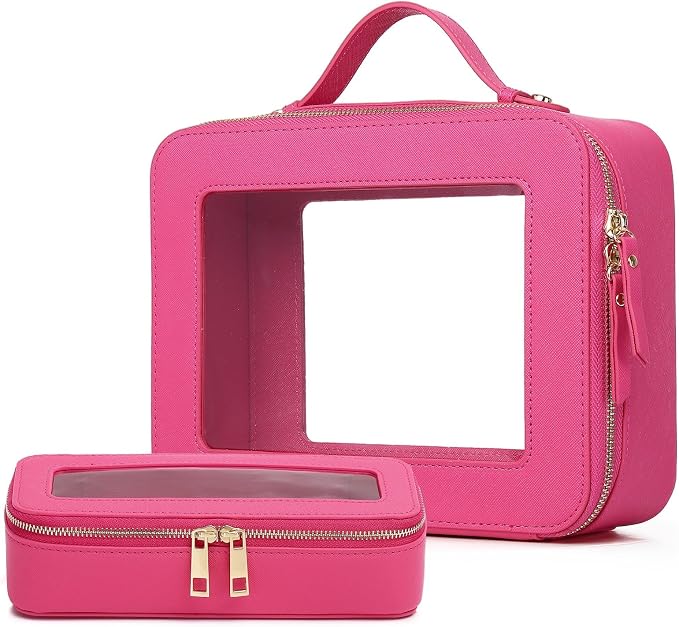 Pinkmik Clear Makeup Bag with Brush Bag 2pcs Waterproof Travel Case for Cosmetics and Toiletries Women's Cosmetic Organizer with Zipper (X/Fuxia, L+SLIM) by Pinkmik