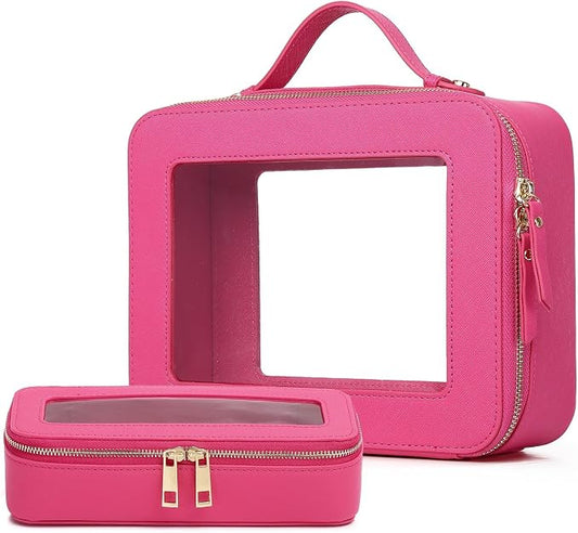 Pinkmik Clear Makeup Bag with Brush Bag 2pcs Waterproof Travel Case for Cosmetics and Toiletries Women's Cosmetic Organizer with Zipper (X/Fuxia, L+SLIM) by Pinkmik
