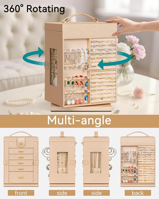 AKOZLIN 6-Tier Jewelry Box Organizer Functional 5 Drawers Leather Jewelry Storage Case for Women Girls Ring Necklace Earring Bracelet Holder Organizer with Mirror Champagne S-Medium - Image 2