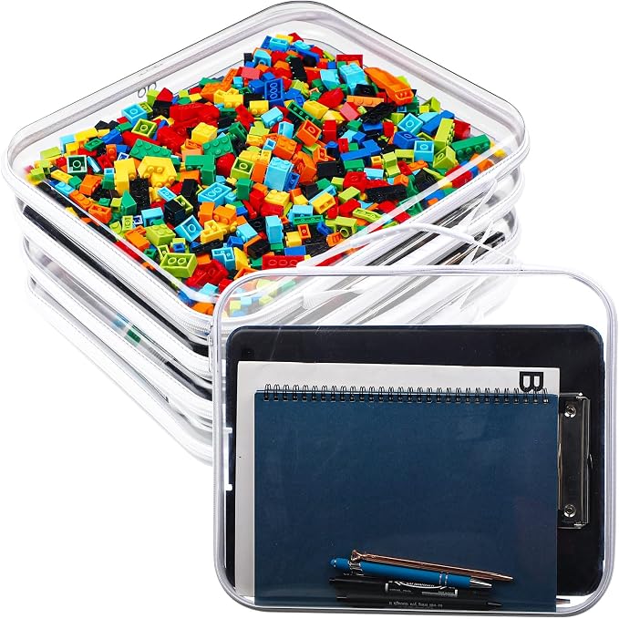 Sanwuta 4 Pcs Clear Hard Zipper Case with Handle Office Storage Cases Hard Plastic Pouches Transparent Bins for Crafts, Snacks, Cosmetics, Puzzles(13.8 x 11.8 x 2 Inches,White) by Sanwuta