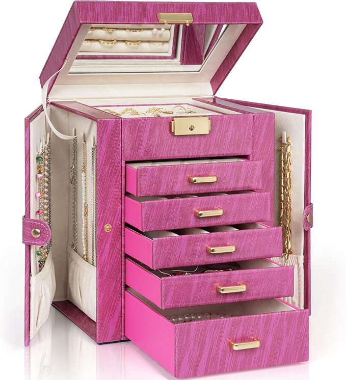 AKOZLIN 6-Tier Jewelry Box Lockable Leather Jewelry Storage Case with 5 Drawers for Women Girls Ring Necklace Earring Bracelet Holder Organizer with Mirror Rose by AKOZLIN