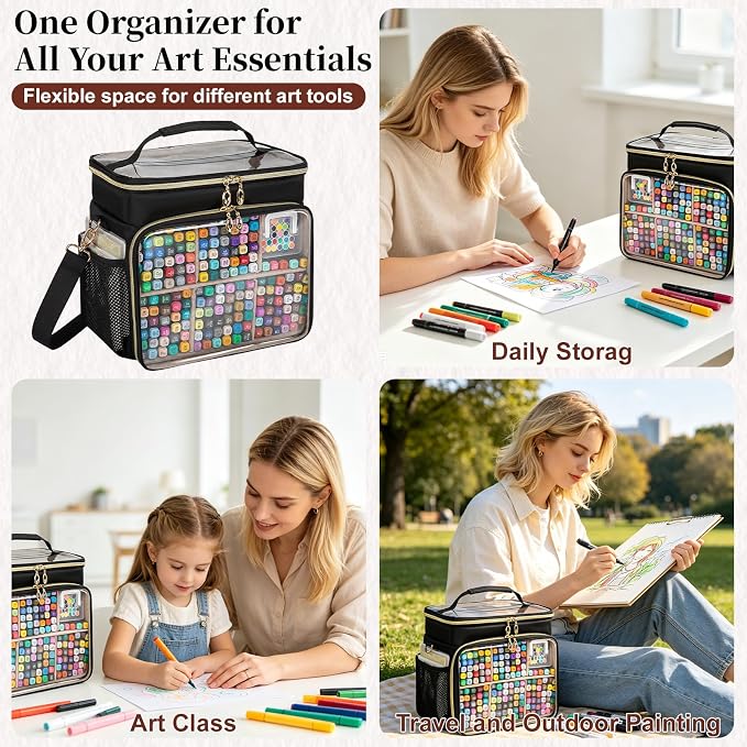 Large Marker Organizer Case for 200-300 Markers, Double-Layer Marker Bag with Removable Dividers, Marker Organizer for Markers, Pencils, Crayons or Other Art Supplies, Black (Bag Only) - Image 7