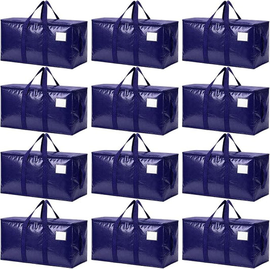 Songrey Heavy Duty Moving Bags, 12 Pack Large Storage Bags with Zipper & Handles, Waterproof Totes Bags for Clothes Packing, Moving, College Supplies, Home Organization by Unknown