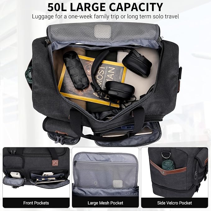 WITZMAN Duffle Bag for Men 50L Travel Canvas Weekender with Toiletry Bag | With Shoe Compartment and Dry-wet Pocket, Convertible, Carry On, One Duffel for Gym, Sports, Overnight, A8010/2 Black - Image 3