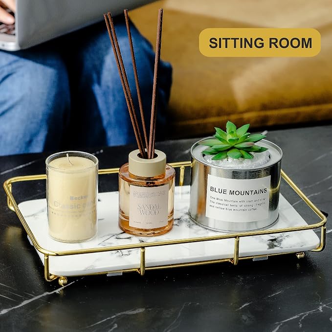 Dobbyby Vanity Tray Makeup Organizer Cosmetics Storage Bathroom Skincare Organizer Countertop Display Rack in Dresser Stainless Steel Shelf Marble Print Ceramic Trays - Image 3