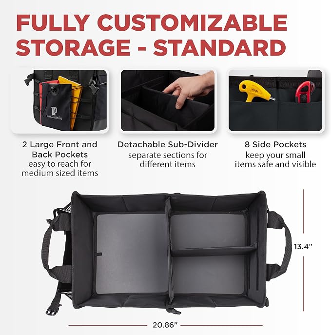 Car & Vehicle Trunk Organizer for SUV, Truck & Auto Storage, Black | Fits Cars, SUVs & Trucks 3 Adjustable Compartments Non-Slip Base & Straps Collapsible Heavy-Duty Storage Car Accessories - Image 2