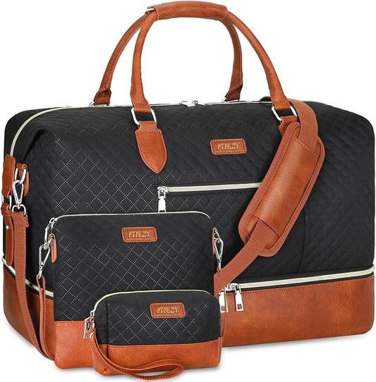ITIEZY Weekender Overnight Bag for Women - Large Travel Duffel Bag with Shoe Compartment, Gym Duffel Bag Hospital Bag Carry On Tote Bags for Airplanes with Crossbody Bag Toiletry Bag 3Pcs Set by ITIEZY