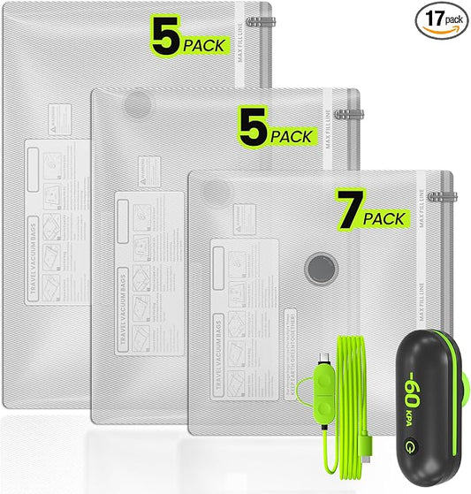 (17PACK) Travel Vacuum Bags with USB-Powered Pump (Plug to Work, No Battery) – Portable Vacuum Sealer for Travel & Home, Space-Saving Compression Bags for Clothes, Bedding & Seasonal Storage by Oneyus