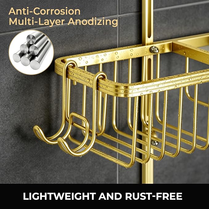 Adjustable Hanging Shower Caddy for Handheld Showerhead, Rustproof Aluminum Over Shower Head Organizer, Renter-Friendly No-Swing Storage for Tall Bottles & Soap, 2-Tier, Gold - Image 4