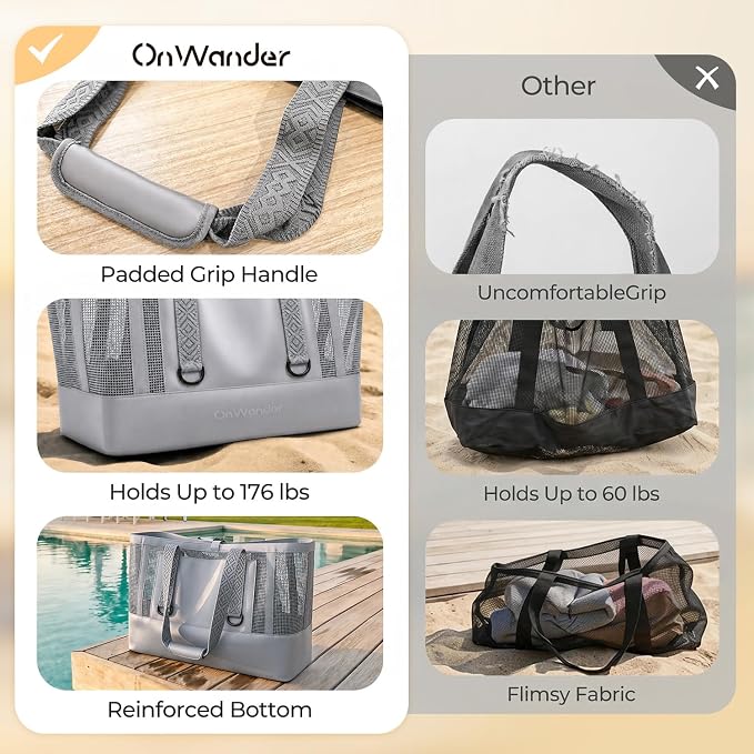Large Mesh Beach Bag, Waterproof Bottom Tote, Structured Design Waterproof Pocket, Sandproof Pool Bag for Cruise Gym - Image 5