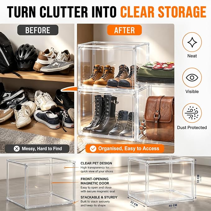 XXX-Large Extra Large Acrylic Display Case 17.3'' x 13'' x 13'' Transparent Sneaker Shoe Organizer Clear Plastic Stackable Boot & Shoe Boxes Large Showcase for Helmet, Handbag, Figures Collectibles - Image 5