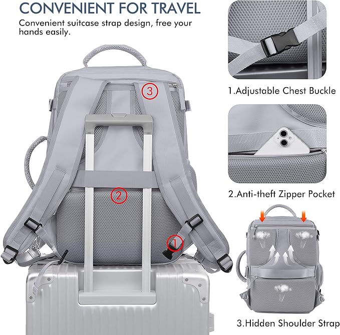 Beraliy Travel Backpack, Personal Item Bag Ailrline Approved, 17.3 Inch Laptop Backpack, Carry On Travel Bag, Hiking Backpack, Casual Backpack, Grey - Image 7