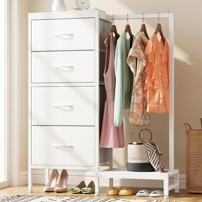 HIGDBFE Tall Dresser 44''H with Hanging Rack, 4 Drawers Small Closet Dresser for Bedroom, Reversible Fabric Chest of Drawers with Clothes Rack, Tall Storage Tower, Sturdy Frame, White by HIGDBFE