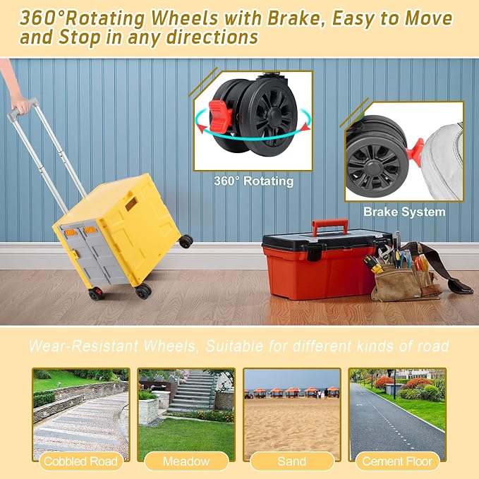FELICON Folding Utility Cart Rolling Crate Handcart Basket Tote-Yellow+Gray | Collapsible Hidden Lid,Plastic Box,Telescoping Handle,4 Rotate Wheels for Travel Shop Move Grocery Laundry Office Teacher Use - Image 5