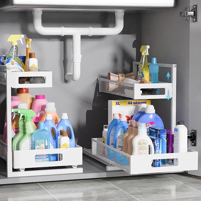 TISTAYA Full Metal Under Sink Organizer, Pull Out Cabinet Organizers and Storage, Silk-Smooth Sliding Drawer for Kitchen, Bathroom, Pantry, Cabinet, Closet (White, 2 Pack) by TISTAYADirect