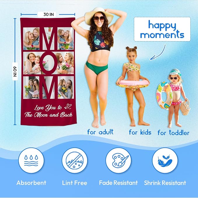 JML Mothers Day Birthday Gifts for Mom from Daughter Son, Personalized Beach Towel with Photo, Custom Beach Towel Gift for Mommy, Grandma, Women, Wife Anniversary Family Day, Summer, Holiday - Image 4