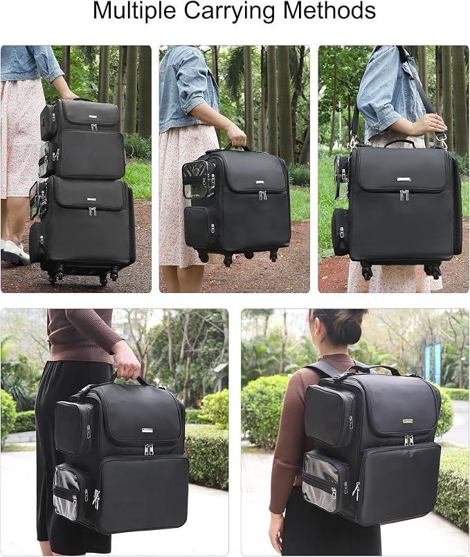 Relavel Rolling Makeup Train Case with Hair Stylist Backpack, Hairstylist Traveling Bag with 4 Wheels, Heat Insulation Full Layer, Adjustable Dividers, Hair Tools and Cosmetics Storage Organizer - Image 6