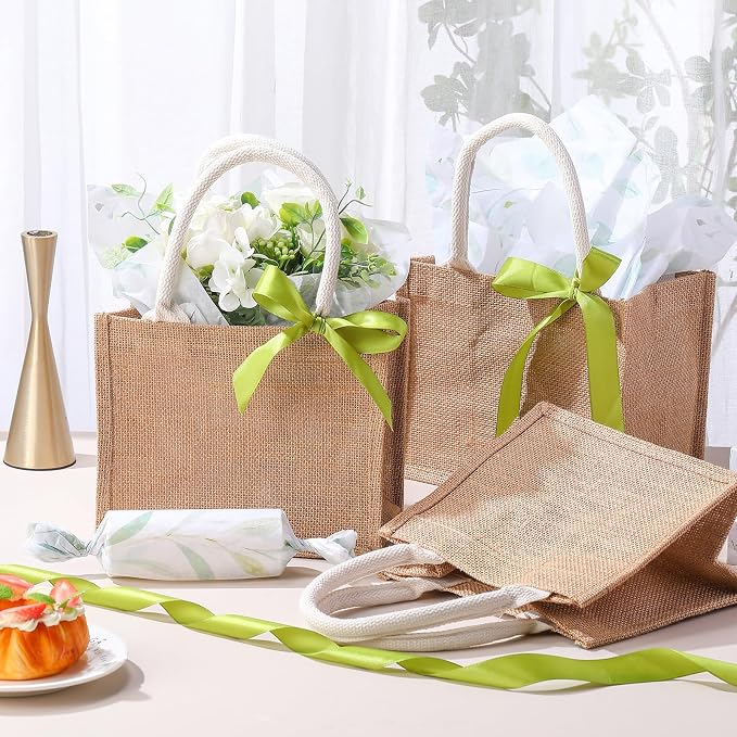 Shinylin 12 Pcs Small Burlap Tote Bag Set with Handles Spring Wedding Favors Reusable Jute Tote Bag Bulk with Eucalyptus Tissue Paper and Green Ribbon Wrapping 8.7x5.5x7inch - Image 4