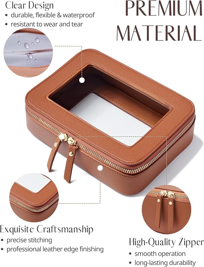 Popvibe Clear Makeup Case Toiletry Bag Travel Medium Clear Cosmetic Bag with Zipper, Make Up Bag Organizer Traveling TSA Approved Transparent Bag Car for Essentials, Mini & Medium, Brown - Image 3