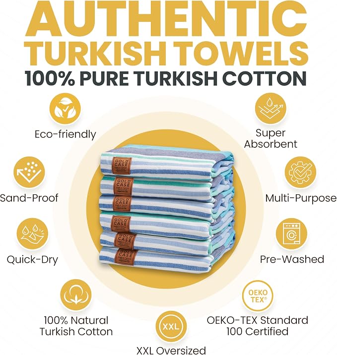 Gold CASE Turkish Beach Towel Set of 6 – 100% Cotton Large Turkish Bath Towels 70 x 38'' – OLYMPOS Oversized, Quick Dry & Sand Free Beach Towel – Lightweight Towels Set - Blue - Image 4