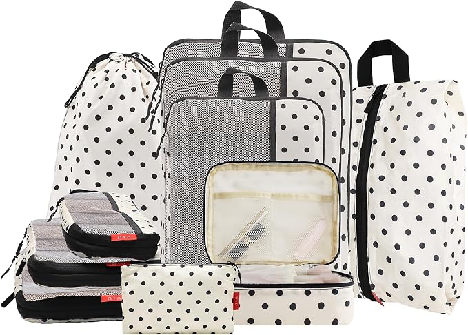 U+U 10 Set Compression Packing Cubes - Travel Organizers with Laundry Bag, Space-Saving Suitcase Organizer, Expandable Packing Organizers for Travel Essentials (Polka Dot) by UU