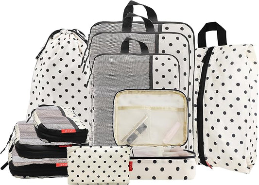 U+U 10 Set Compression Packing Cubes - Travel Organizers with Laundry Bag, Space-Saving Suitcase Organizer, Expandable Packing Organizers for Travel Essentials (Polka Dot) by UU