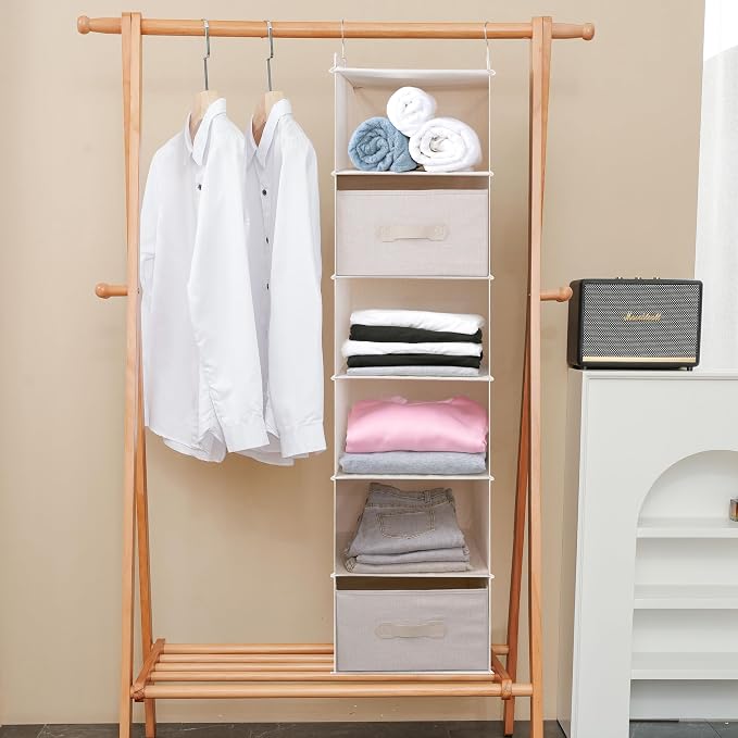 Large Hanging Sweater Organizer for Closet,Collapsible 6-Shelf Hanging Closet Shelves with Drawers, Washable (Beige -6 Shelf-2 d) - Image 7