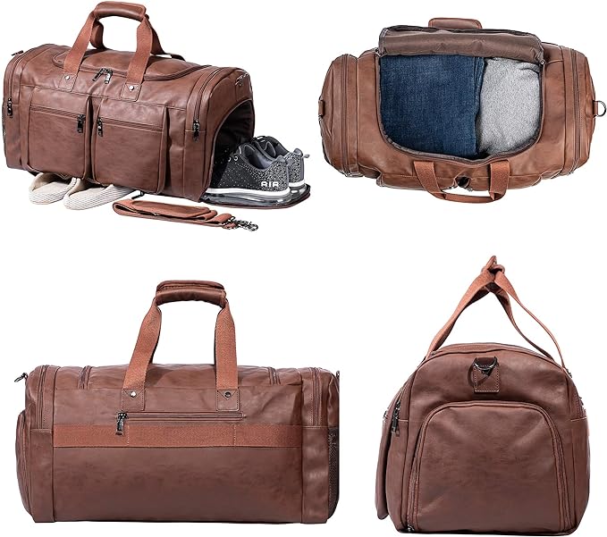 Leather Travel Bag with Shoe Pouch,Weekender Overnight Bag Waterproof Leather Large Carry On Bag Travel Tote Duffel Bag for Men or Women-Brown - Image 2