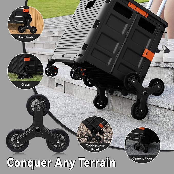 Foldable Utility Cart Portable Crate Rolling Dolly with Telescopic Handle,Can be Pulled diagonally, Magnetic Retractable Lid, 360°Swivel Climbing Wheels for Shopping Carrying Groceries Move Black - Image 2