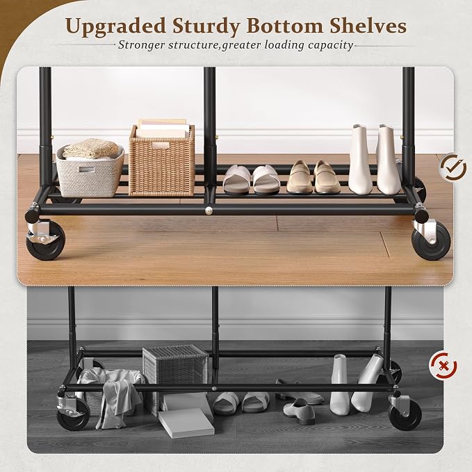 Raybee 72" H Rolling Clothes Rack, 450 LBS Clothing Rack with Sturdy Wheels, Double Rod Metal Garment Rack for Bedroom, Laundry Room, Halway, Commercial, Black - Image 4