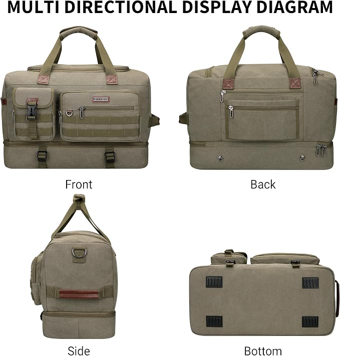 WITZMAN Duffle Bag for Men 50L Travel Canvas Weekender with Toiletry Bag | With Shoe Compartment and Dry-wet Pocket, Convertible, Carry On, One Duffel for Gym, Sports, Overnight, A8010/2 Army Green - Image 8