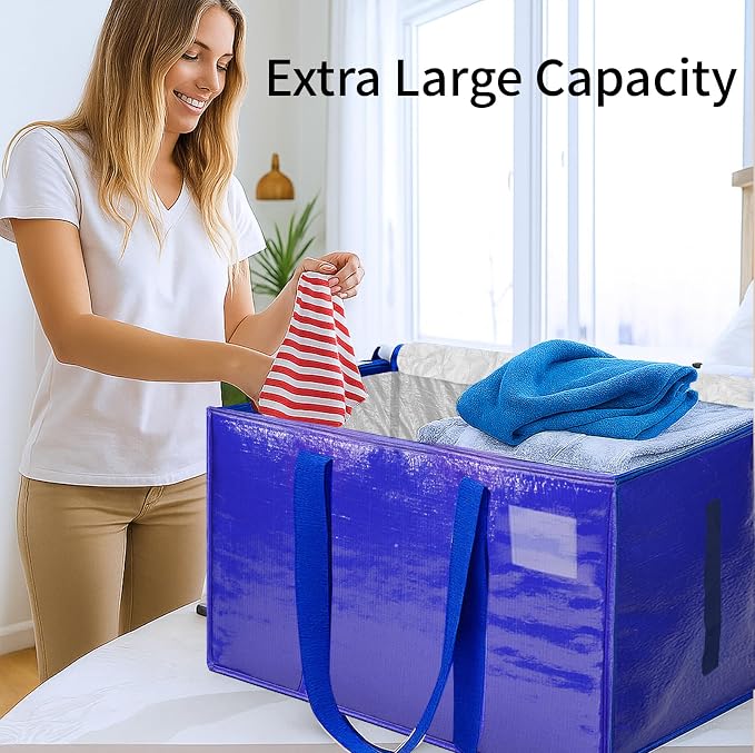 8 Pack-Extra Large Heavy Duty Moving Bags - Waterproof Storage Totes with Handles & Zippers, Foldable for College Dorm, Storage (Blue) - Image 4